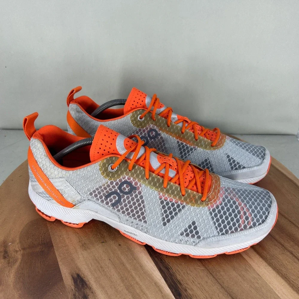 On Running Cloudracer Mens Size 12 Silver Orange Mesh Road Racing Shoes Sneakers